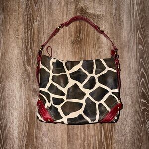 Giraffe Print Shoulder Bag with Red Accents